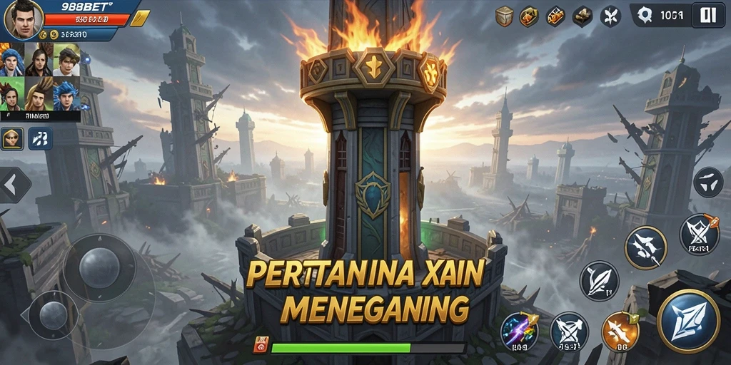 Screenshot utama 988BET menampilkan serangan menara di medan perang.