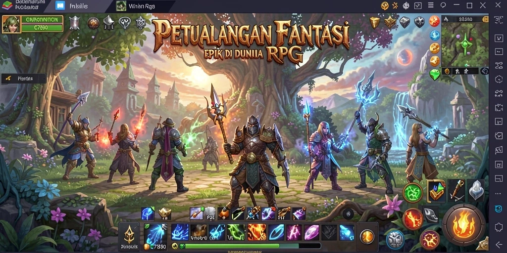 Screenshot C7890 menampilkan karakter bertarung melawan monster di dunia RPG yang indah.