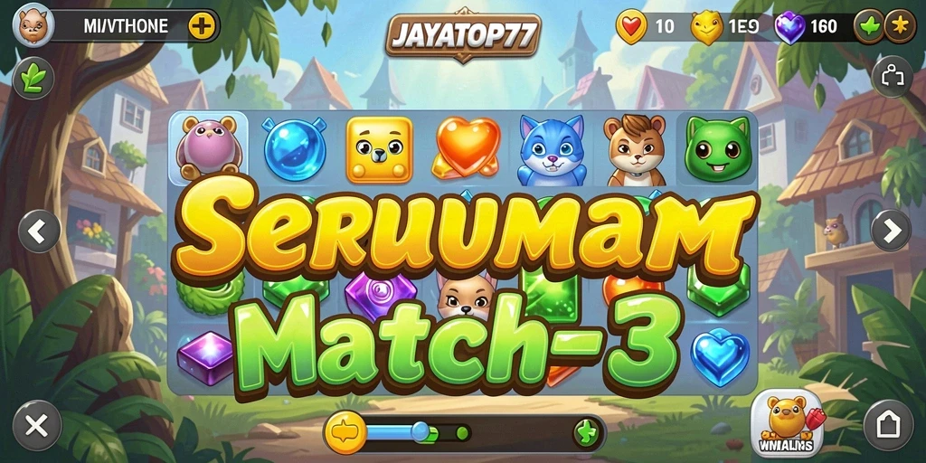 Tangkapan layar utama <strong>JAYATOP77</strong> menampilkan gameplay seru Match-3 yang penuh warna.
