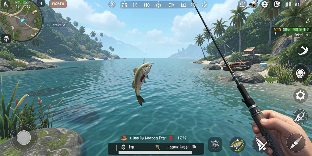 Tampilan gameplay seru NOX123 saat memancing di laut.