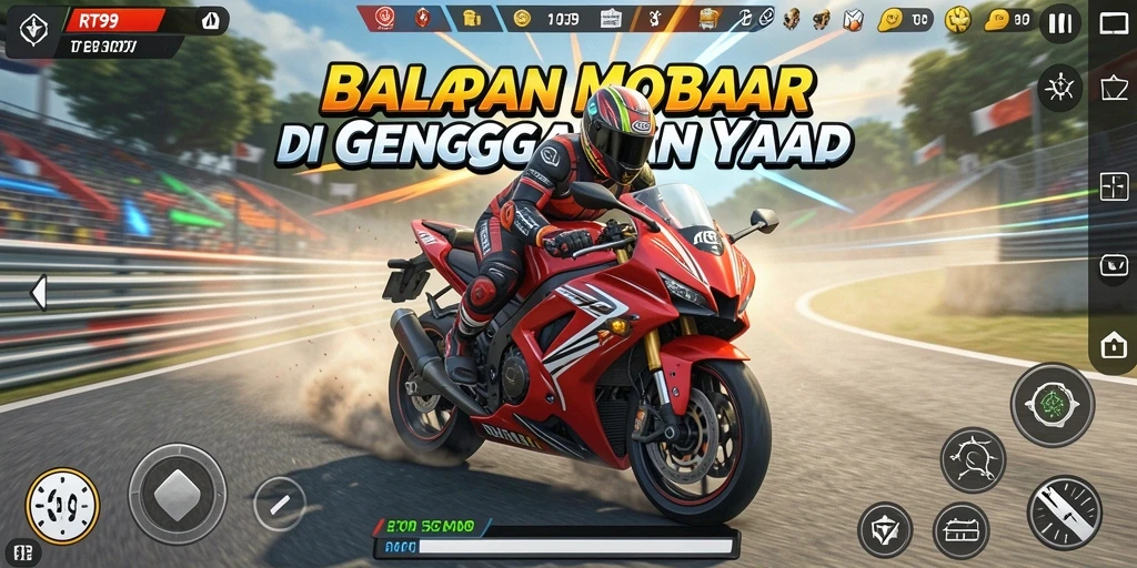 Screenshot gameplay RT99 yang menunjukkan balapan motor yang seru.